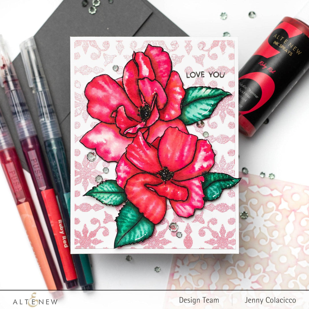 Altenew Paint-A-Flower stamp and watercolor bundle with China Rose and Hawaiian Shores brush and fine tip pens for floral art.
