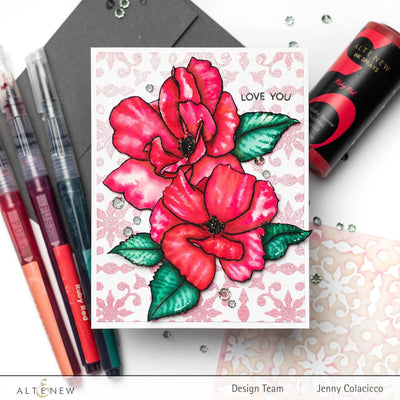 Altenew Stamp & Watercolor Bundle Paint-A-Flower: China Rose & Hawaiian Shores Brush & Fine Tip Pens Bundle