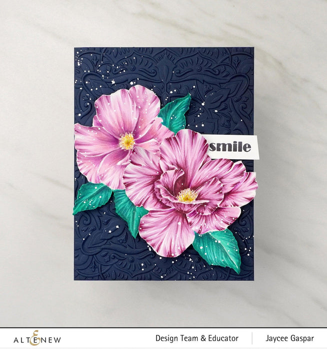 Altenew Paint-A-Flower China Rose & Hawaiian Shores stamp and watercolor bundle with brush and fine tip pens for crafting.