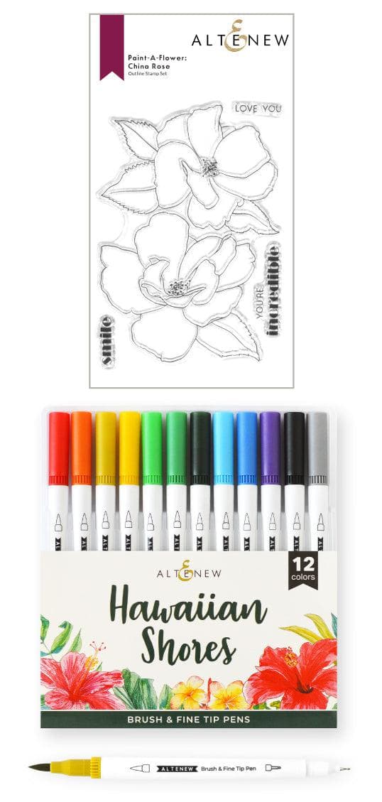 Altenew Paint-A-Flower stamp and watercolor bundle featuring China Rose and Hawaiian Shores brush and fine tip pens.
