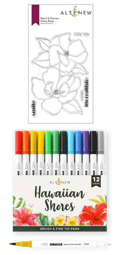 Altenew Stamp & Watercolor Bundle Paint-A-Flower: China Rose & Hawaiian Shores Brush & Fine Tip Pens Bundle