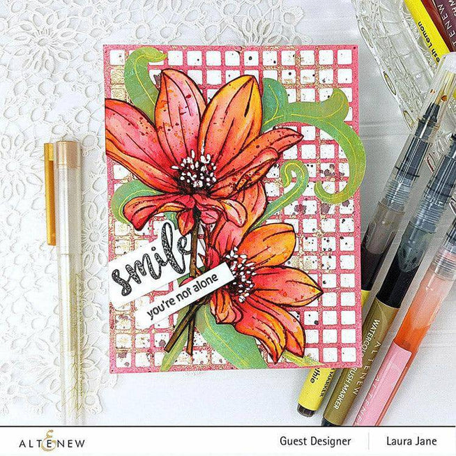 Altenew Stamp & Watercolor Bundle Paint-A-Flower: Dahlia Bright Eyes & Hawaiian Shores Brush & Fine Tip Pens Bundle