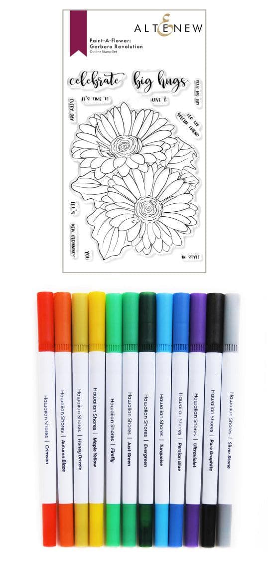 Altenew Stamp & Watercolor Bundle Paint-A-Flower: Gerbera Revolution & Hawaiian Shores Brush & Fine Tip Pens Bundle