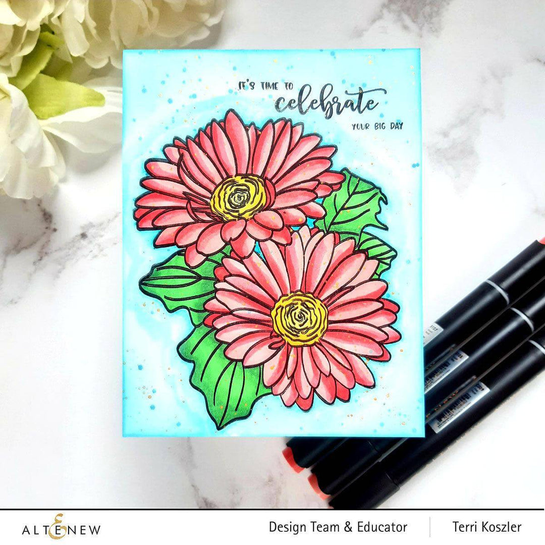 Altenew Stamp & Watercolor Bundle Paint-A-Flower: Gerbera Revolution & Hawaiian Shores Brush & Fine Tip Pens Bundle