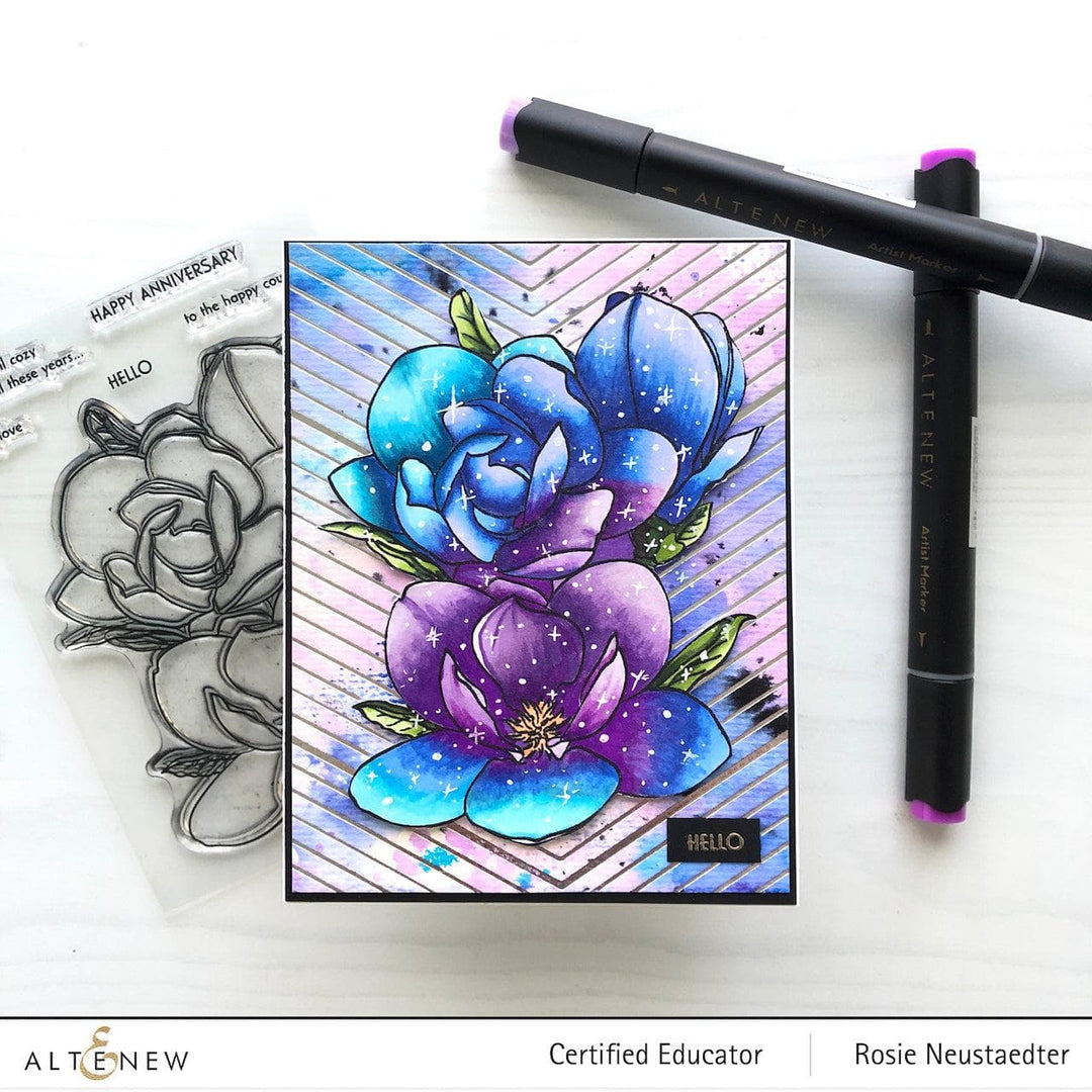 Altenew Paint-A-Flower Magnolia Rustica Rubra & Hawaiian Shores stamp and watercolor pen bundle with brushes and fine tip pens.