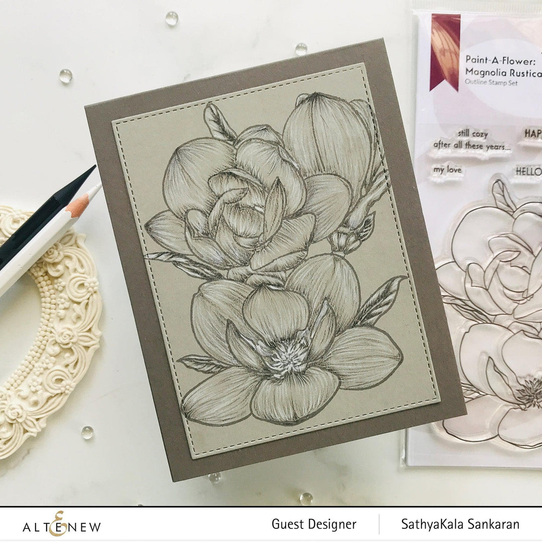 Altenew Paint-A-Flower Magnolia Rustica Rubra & Hawaiian Shores stamp and watercolor brush pen bundle, including fine tip pens and stamps.