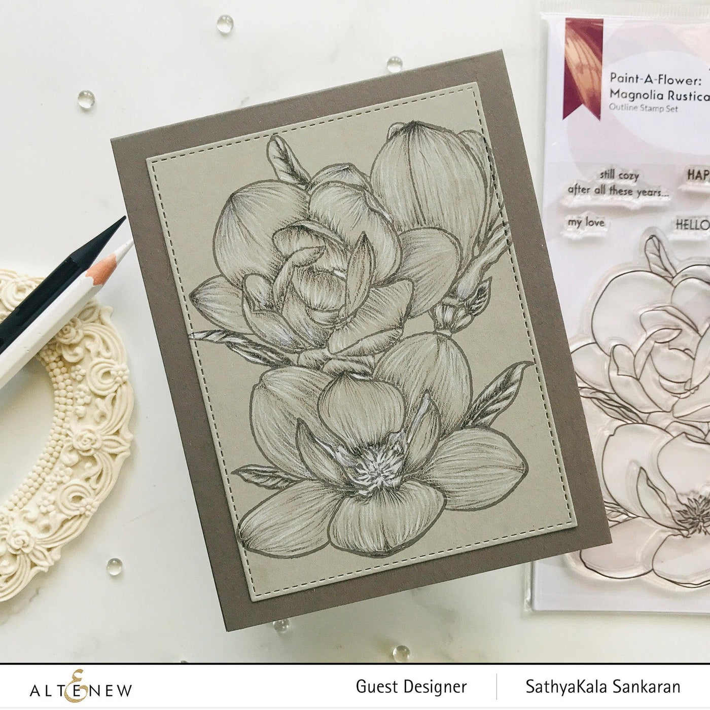 Altenew Stamp & Watercolor Bundle Paint-A-Flower: Magnolia Rustica Rubra & Hawaiian Shores Brush & Fine Tip Pens Bundle