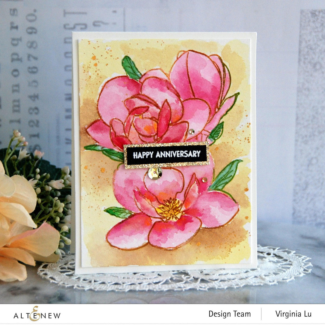 Altenew Paint-A-Flower Magnolia Rustica Rubra & Hawaiian Shores stamp and watercolor brush and fine tip pens bundle, with floral design.