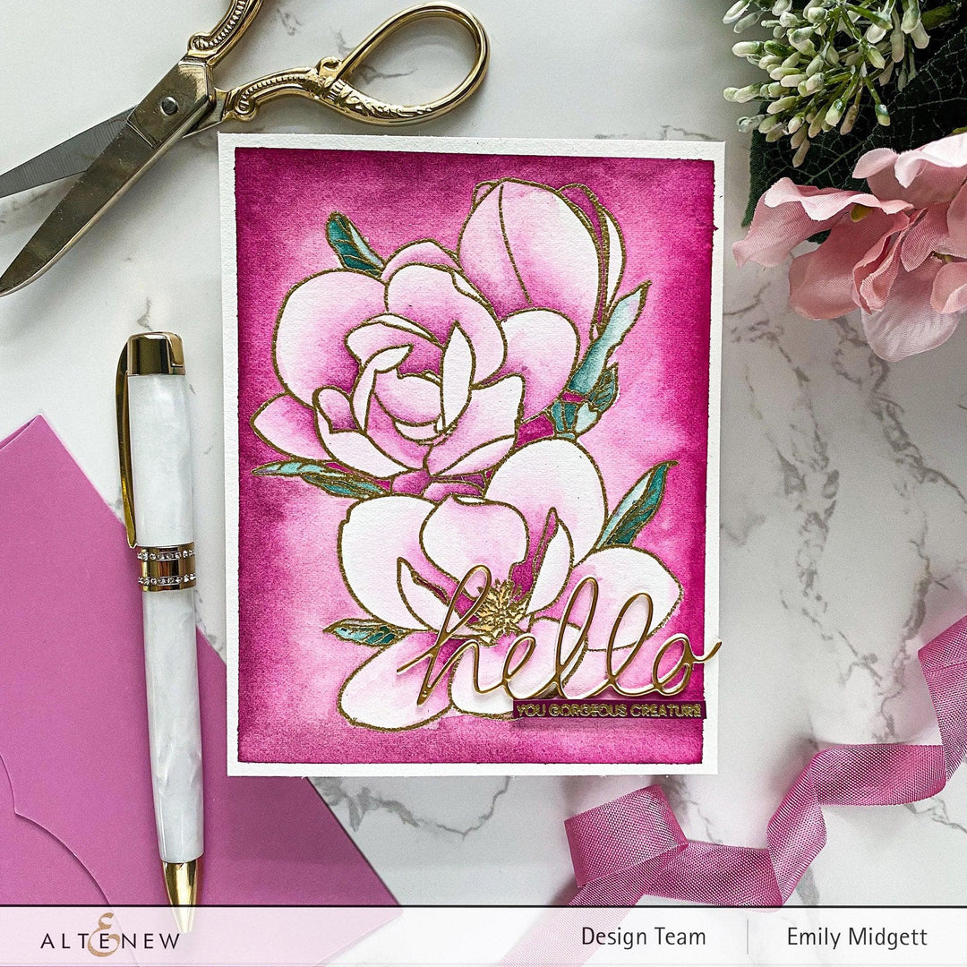 Altenew Paint-A-Flower Magnolia Rustica Rubra & Hawaiian Shores watercolor and stamp bundle with brushes and fine tip pens.