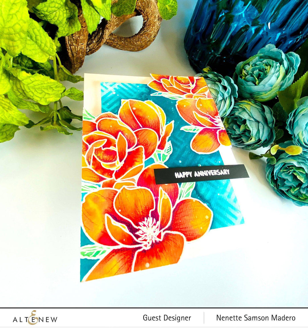 Altenew Paint-A-Flower Magnolia Rustica Rubra and Hawaiian Shores stamp and watercolor brush and fine tip pens bundle.