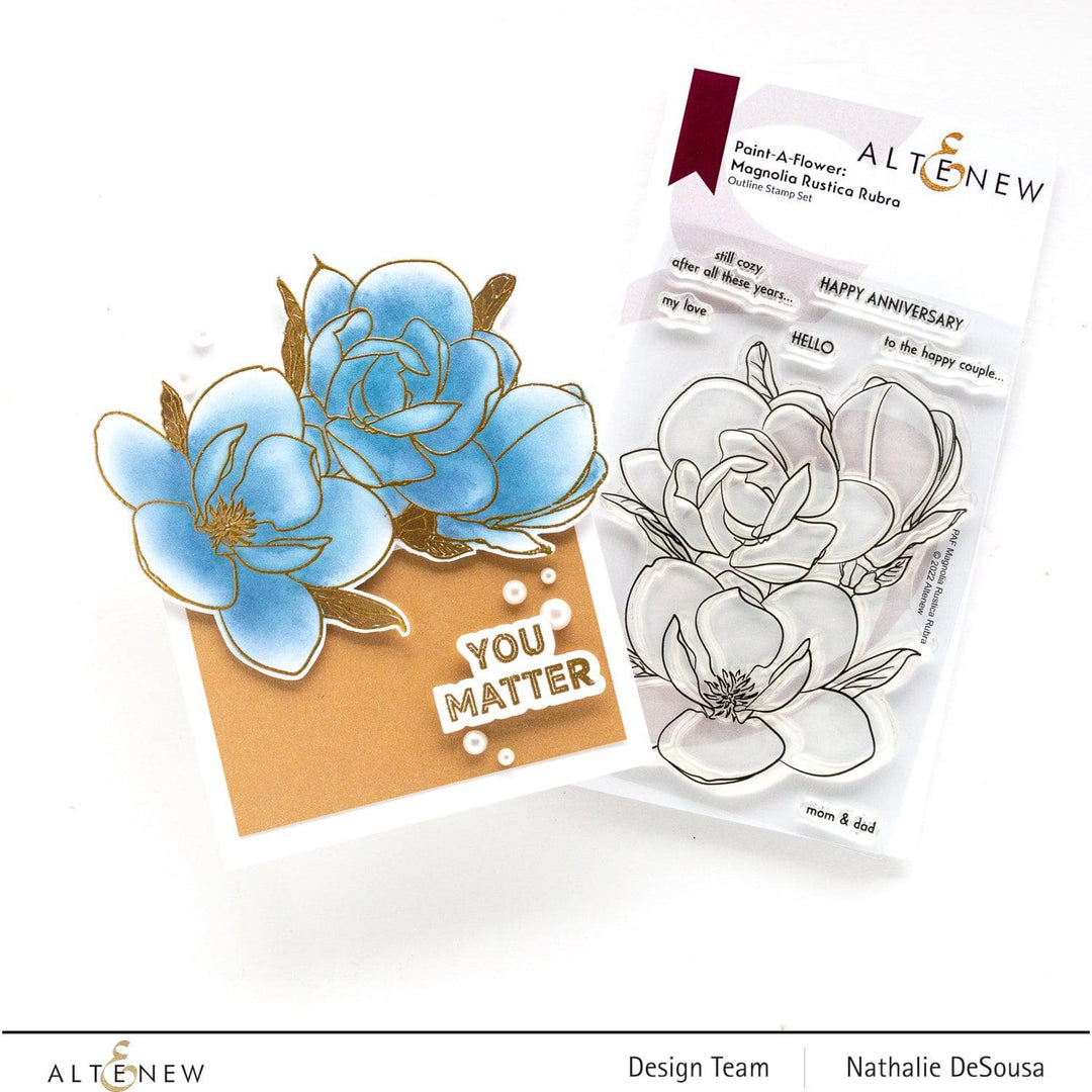 Altenew Paint-A-Flower Magnolia Rustica Rubra and Hawaiian Shores stamp and watercolor pen bundle with brushes and fine tip pens.