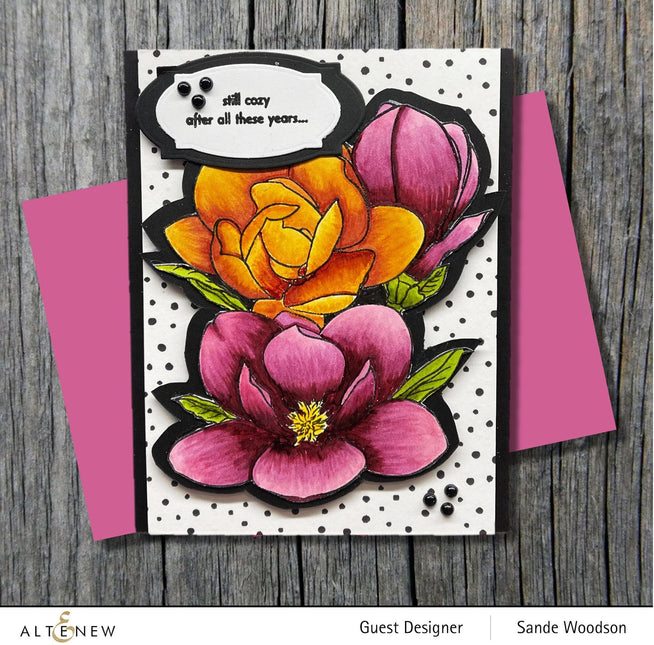 Altenew Paint-A-Flower Magnolia Rustica Rubra & Hawaiian Shores Stamp and Watercolor Pen Bundle featuring brushes and fine tip pens.