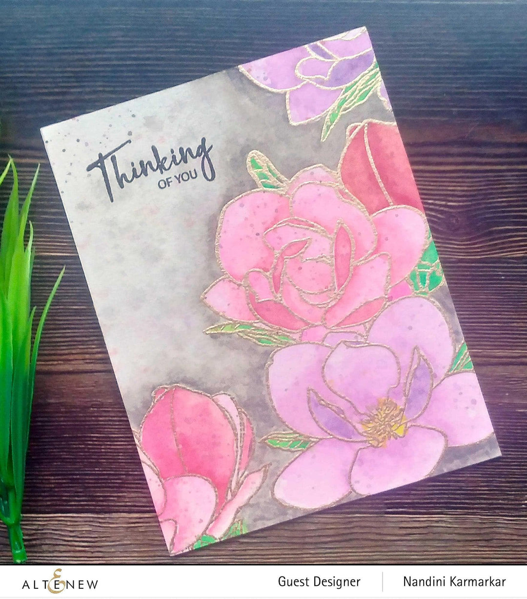 Altenew Paint-A-Flower Magnolia Rustica Rubra and Hawaiian Shores stamp and watercolor brush & fine tip pens bundle on a white background.