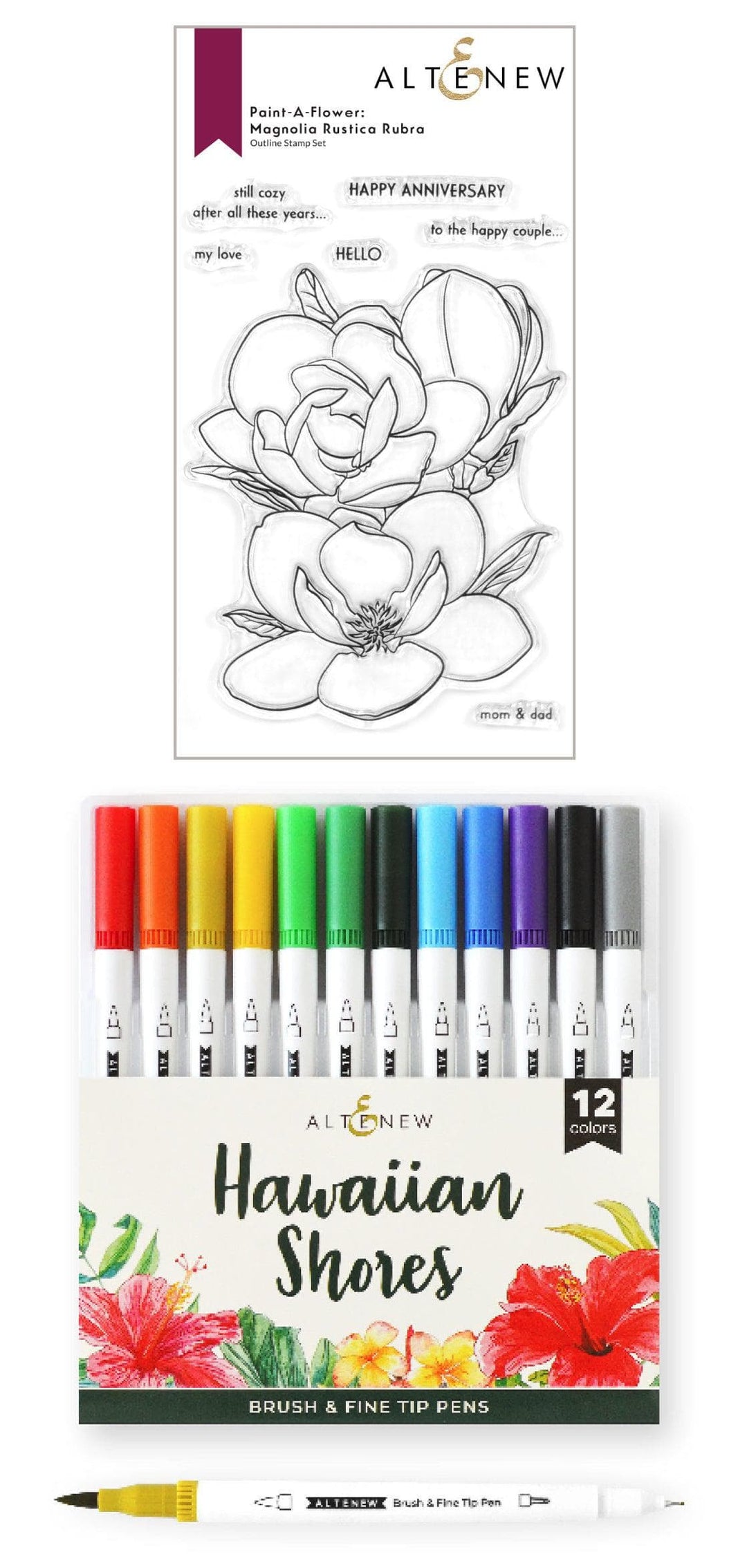 Altenew Paint-A-Flower Magnolia Rustica Rubra and Hawaiian Shores stamp and watercolor brush pen bundle with fine tip pens.