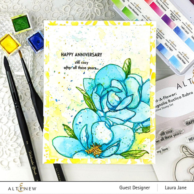 Altenew Paint-A-Flower Magnolia Rustica Rubra and Hawaiian Shores stamp and watercolor pen bundle with brushes and fine tips.