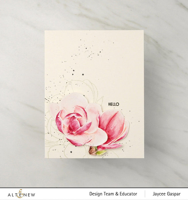 Altenew Paint-A-Flower Magnolia Rustica Rubra & Hawaiian Shores stamp and watercolor pen bundle with brushes and fine-tip pens.