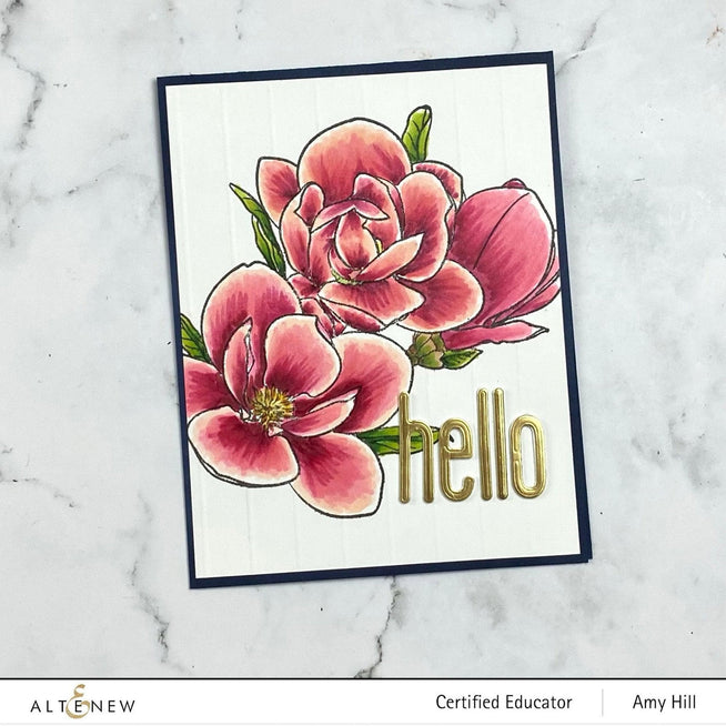 Altenew Paint-A-Flower Magnolia Rustica Rubra and Hawaiian Shores watercolor and brush pen bundle with stamps and fine tip pens.