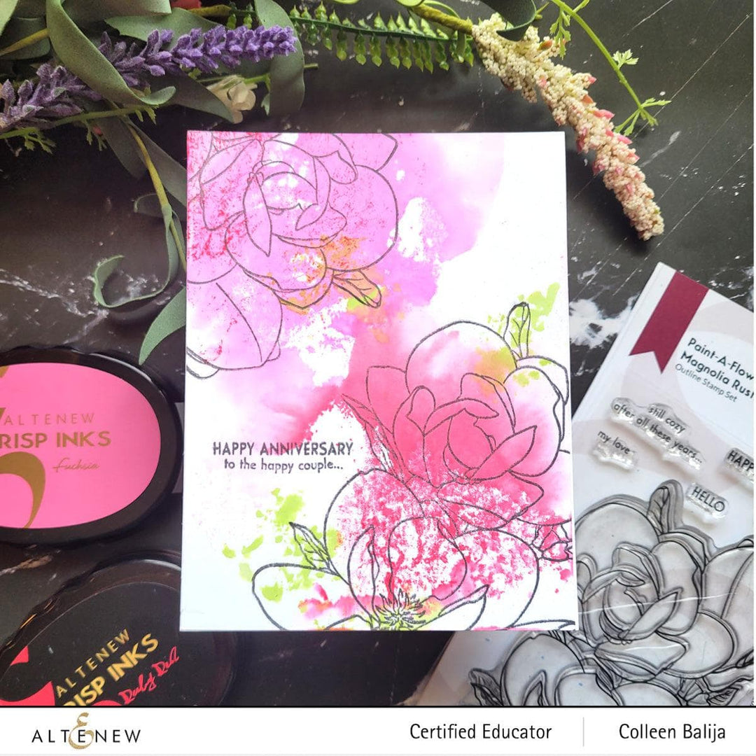 Altenew Paint-A-Flower Magnolia Rustica Rubra & Hawaiian Shores Stamp and Watercolor Pen Bundle with brushes and fine tip pens.