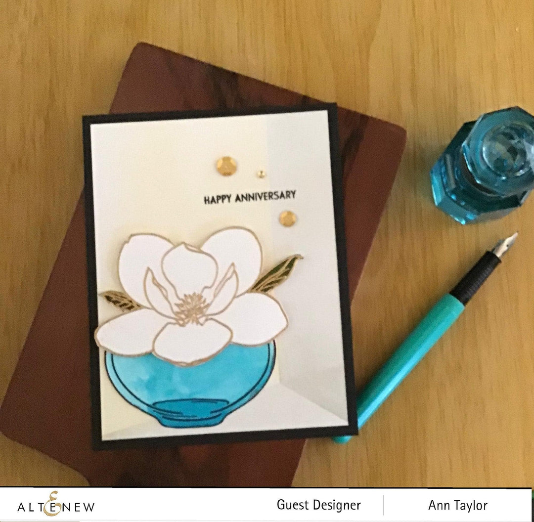 Altenew Paint-A-Flower Magnolia Rustica Rubra and Hawaiian Shores stamp and watercolor pen bundle with brushes and fine tip pens.