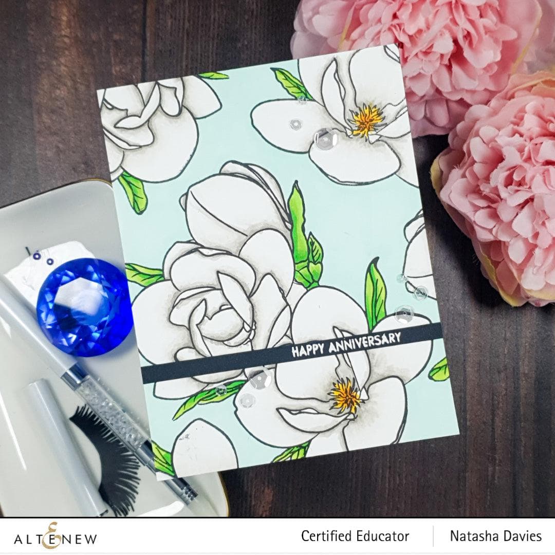 Altenew Paint-A-Flower Magnolia Rustica Rubra and Hawaiian Shores stamp and watercolor bundle with brushes and fine tip pens.