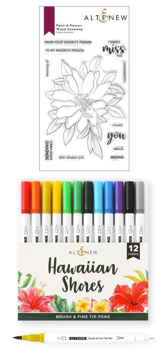 Altenew Stamp & Watercolor Bundle Paint-A-Flower: Wood Anemone & Hawaiian Shores Brush & Fine Tip Pens Bundle