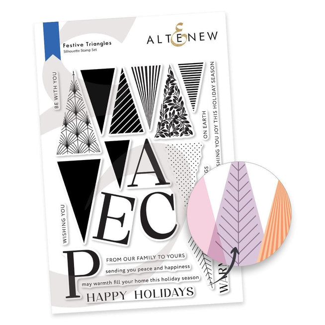 Altenew festive triangles stamp and Betterpress plate bundle with colorful triangle patterns for holiday craft projects.
