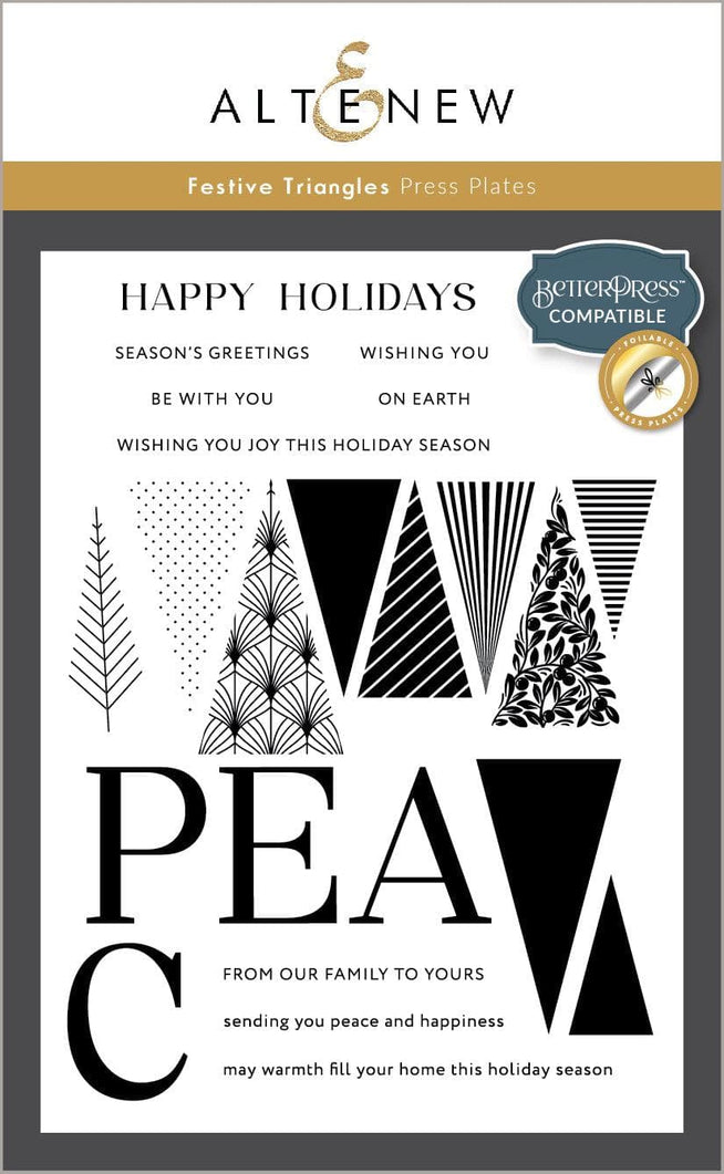 Altenew Festive Triangles stamp and Betterpress plate bundle with colorful triangle designs for holiday crafting.
