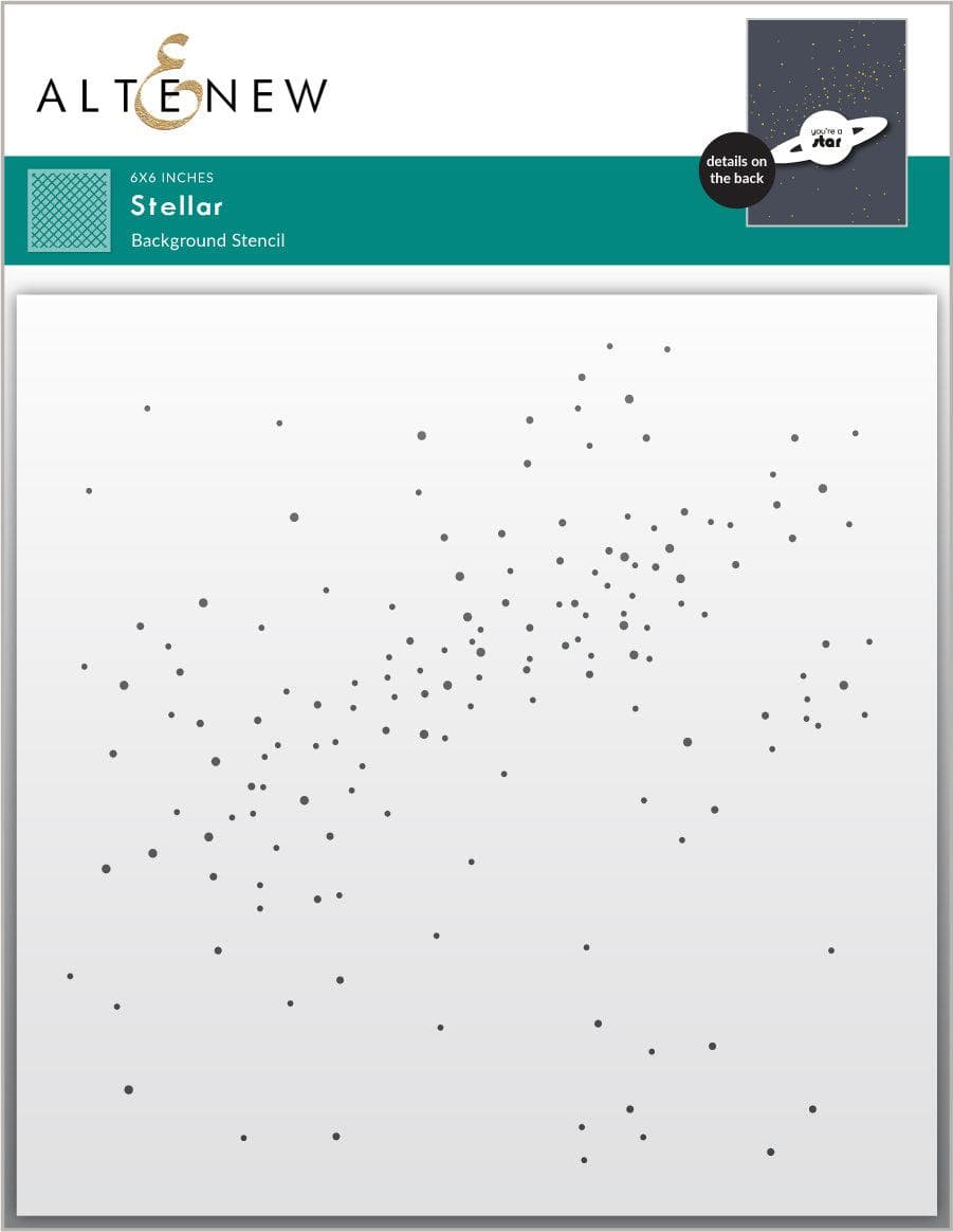 Altenew Stellar Stencil with star and geometric designs for craft and DIY projects, shown in a close-up image.