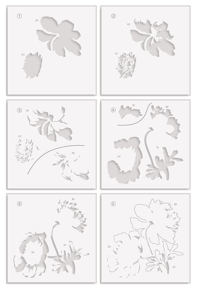 Stencil Art: White Cap Peonies Layering Stencil Set (6 in 1)