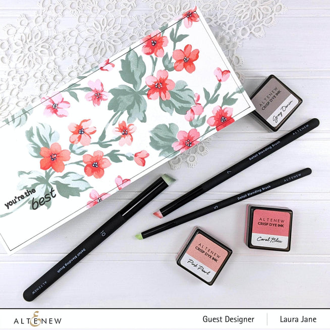 Altenew detailed blending brush set with angled bristles for makeup or art blending, displayed with multiple brushes on a white background.