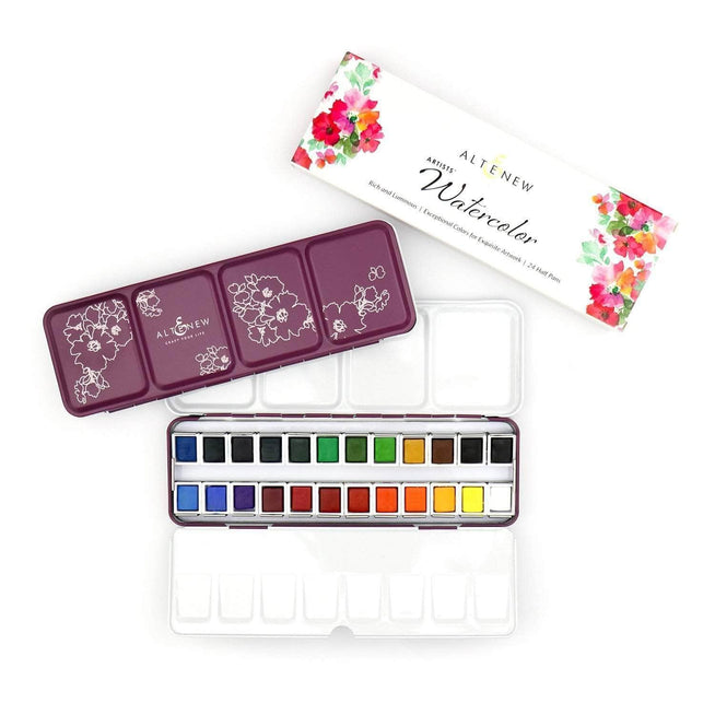 Altenew Nature’s Palette watercolor and coloring book set with 24 vibrant watercolor pans and artistic pages for creative projects.