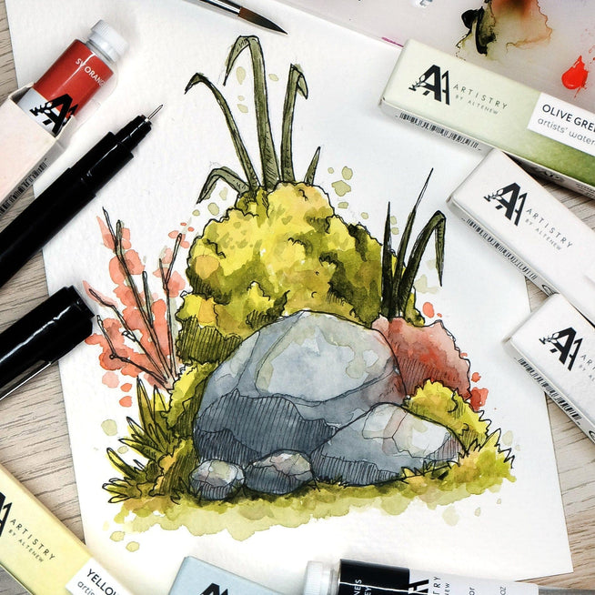 Altenew Split Primary Watercolor Bundle featuring vibrant watercolor paints in split primary colors on a white background.