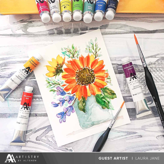 Altenew Split Primary Watercolor Bundle featuring vibrant watercolor paints and brushes in a colorful art set.