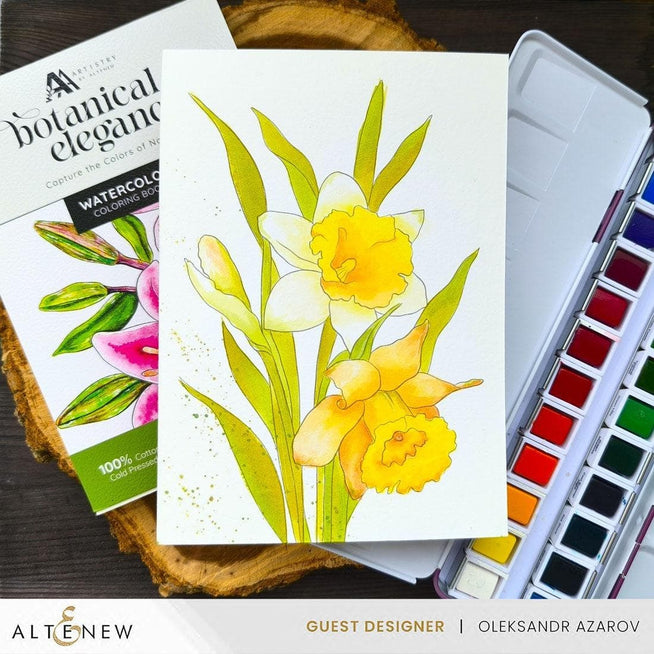 Altenew Nature’s Palette watercolor and coloring book set featuring vibrant nature-themed illustrations and watercolor supplies.