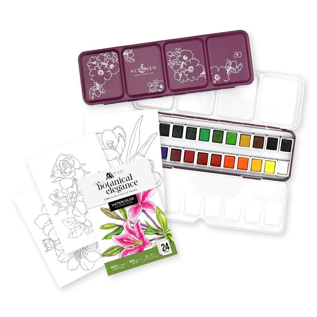 Altenew Nature’s Palette watercolor and coloring book set featuring art supplies and a nature-themed watercolor coloring book.