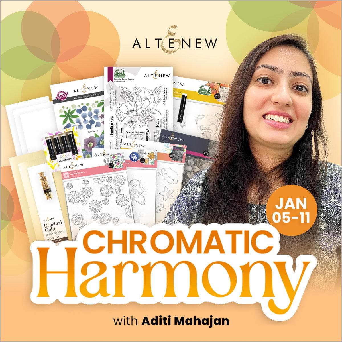 Altenew Chromatic Harmony workshop class pass and kit, featuring colorful art supplies and creative tools for crafting.