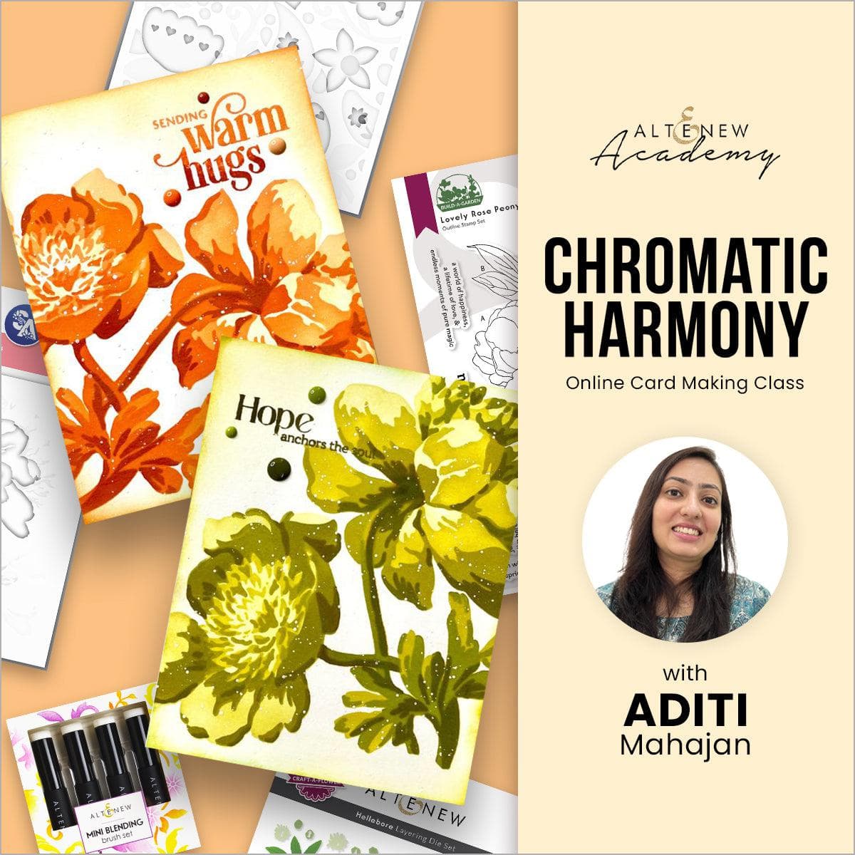 Altenew Chromatic Harmony workshop featuring a class pass and kit, with colorful crafting supplies and creative project materials.
