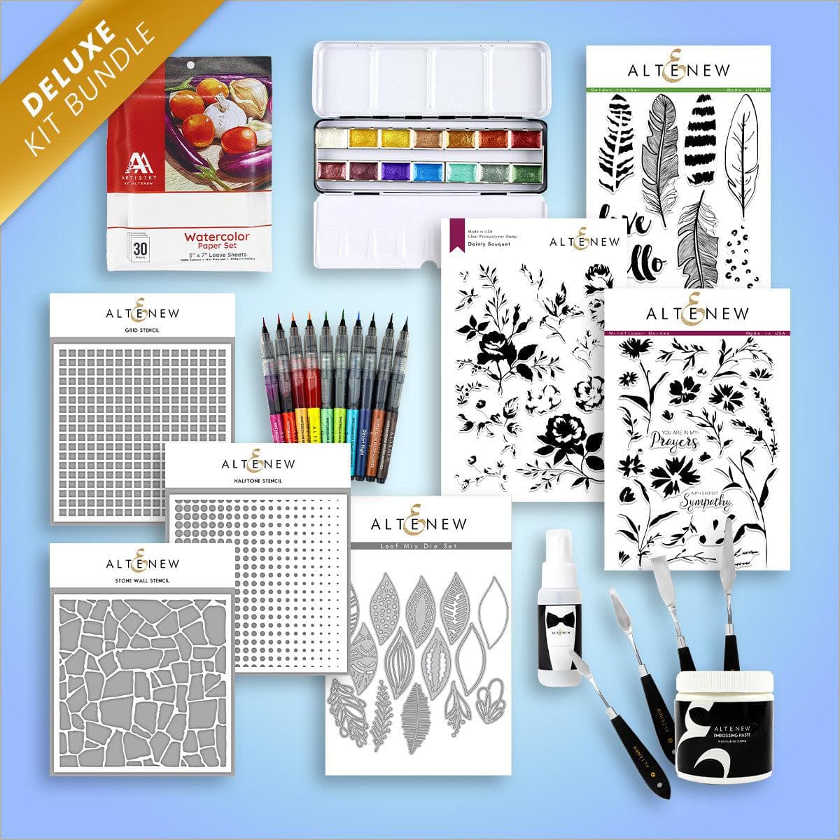 Altenew "Let's Mix It Up With Media" special workshop image showcasing mixed media art supplies and sample projects.